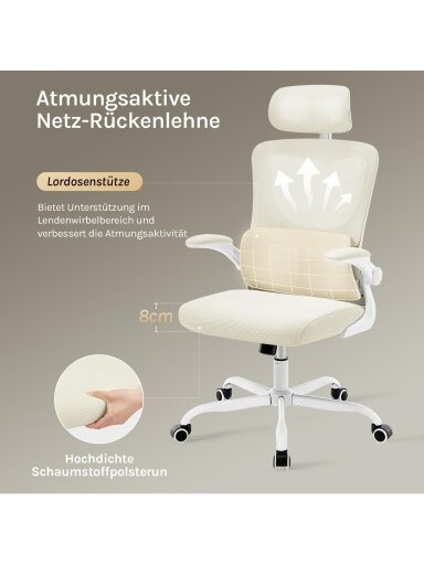 Ergonomiška biuro kėdė su juosmens atrama, reguliuojama galvos atrama, supimosi funkcija, atlenkiami porankiai, iki 150 kg. Ergonomiška biuro kėdė su juosmens atrama, reguliuojama galvos atrama, supimosi funkcija, atlenkiami porankiai, iki 150 kg.