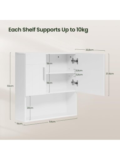 Настенный шкафчик для ванной комнаты с зеркалом EUGAD, МДФ, белый, 54 x 15 x 55 см