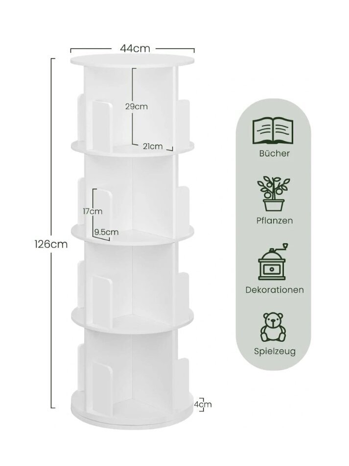 EUGAD rotating storage bookshelf for books and toys, white, 44 × 44 × 127 cm. 3 EUGAD rotating storage bookshelf for books and toys, white, 44 × 44 × 127 cm. 3