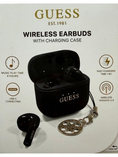 Guess belaidės ausinės su įkrovimo dėklu, juodos spalvos Guess belaidės ausinės su įkrovimo dėklu, juodos spalvos