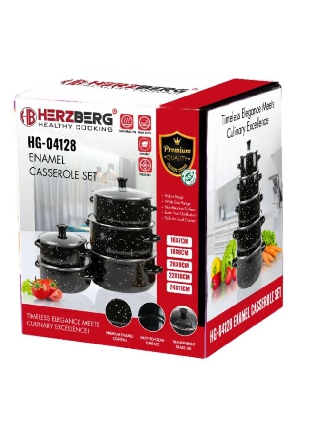 Herzberg HG-04128, 10-osaline emailitud köögipottide ja pajaroogade komplekt klaaskaanega 2