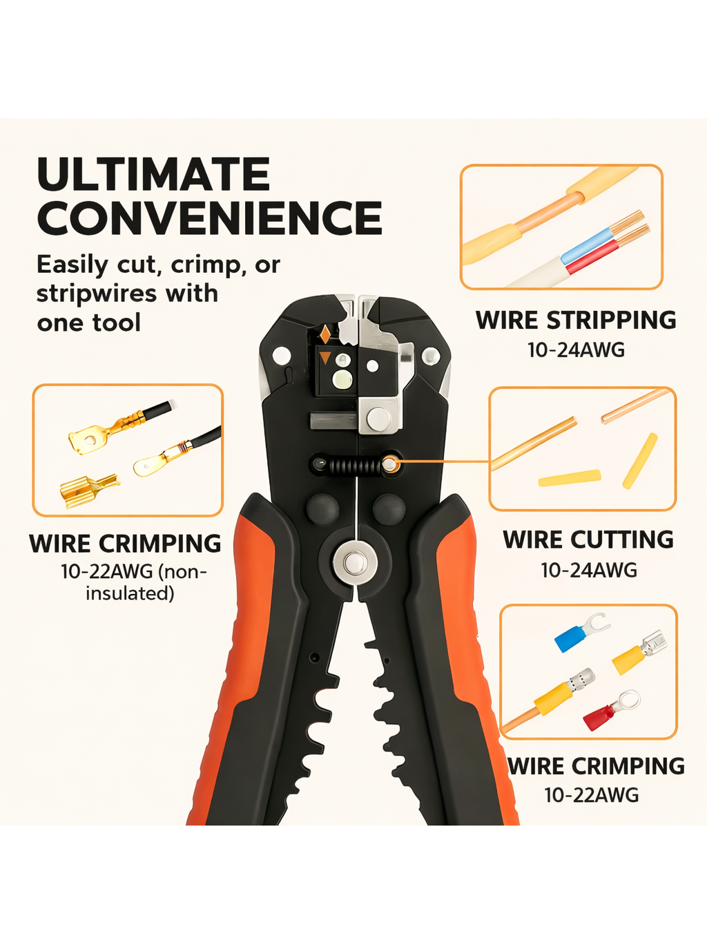 HSC8 6-6A cable crimping tool set with wire stripper and terminals.