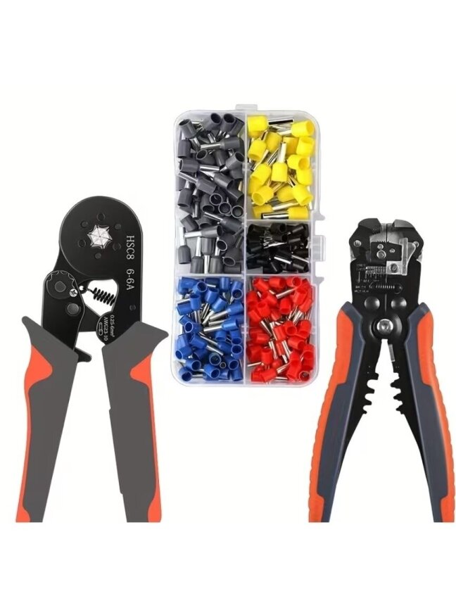 HSC8 6-6A cable crimping tool set with wire stripper and terminals. 1