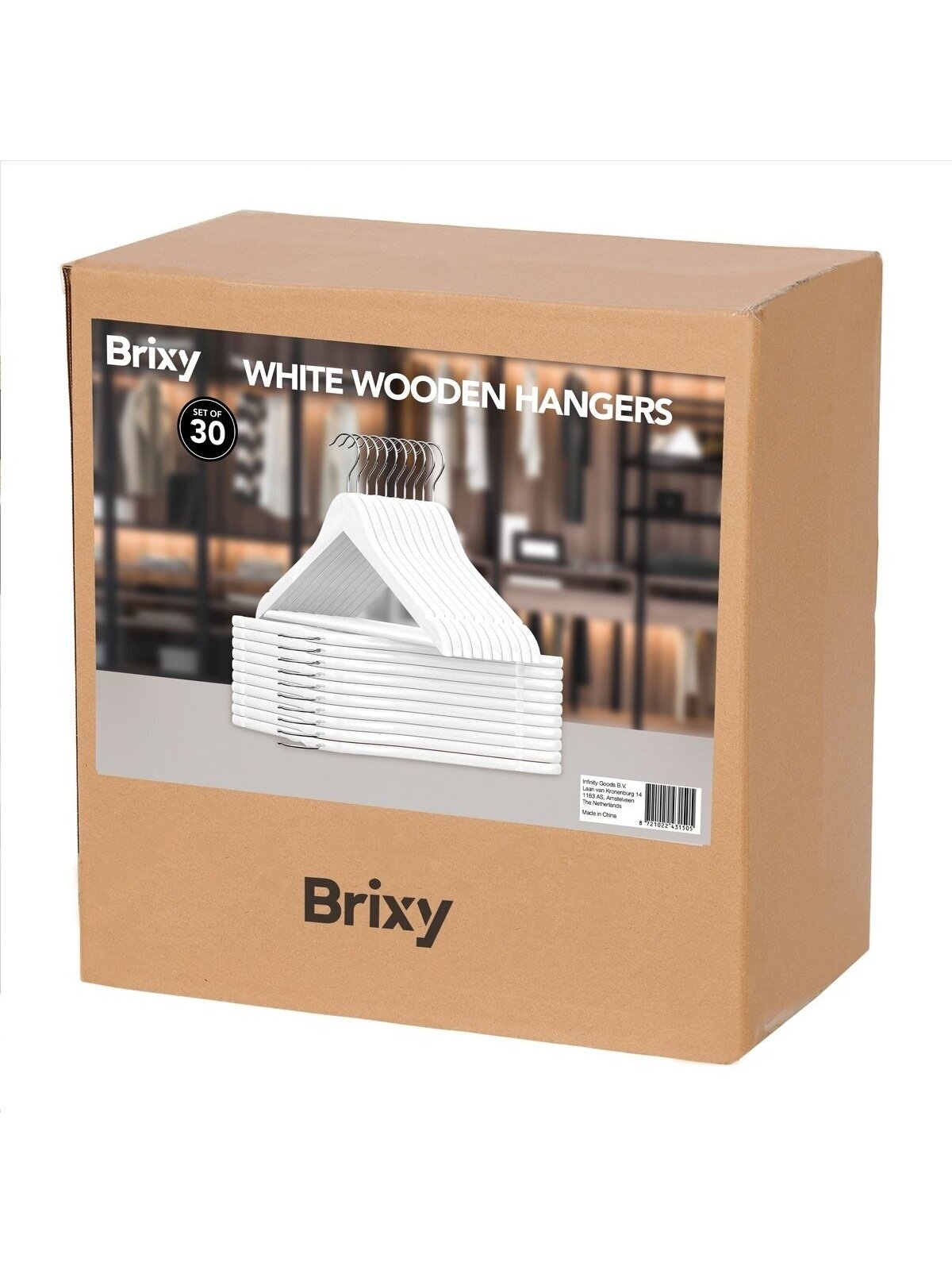 Infinity Goods 30 pcs wooden clothes hangers, white – with groove and trouser bar, metal hook