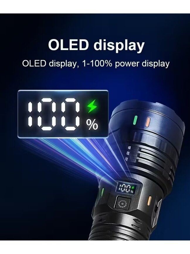 Ultra-bright LED telescopic flashlight with zoom focus function and digital display. 1