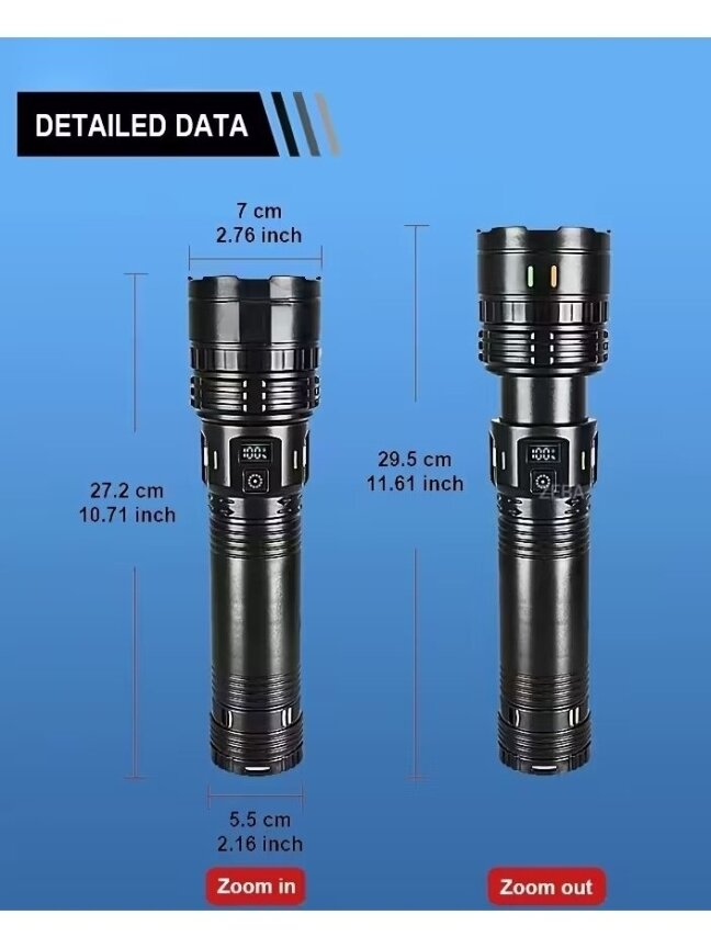 Ultra-bright LED telescopic flashlight with zoom focus function and digital display. 4