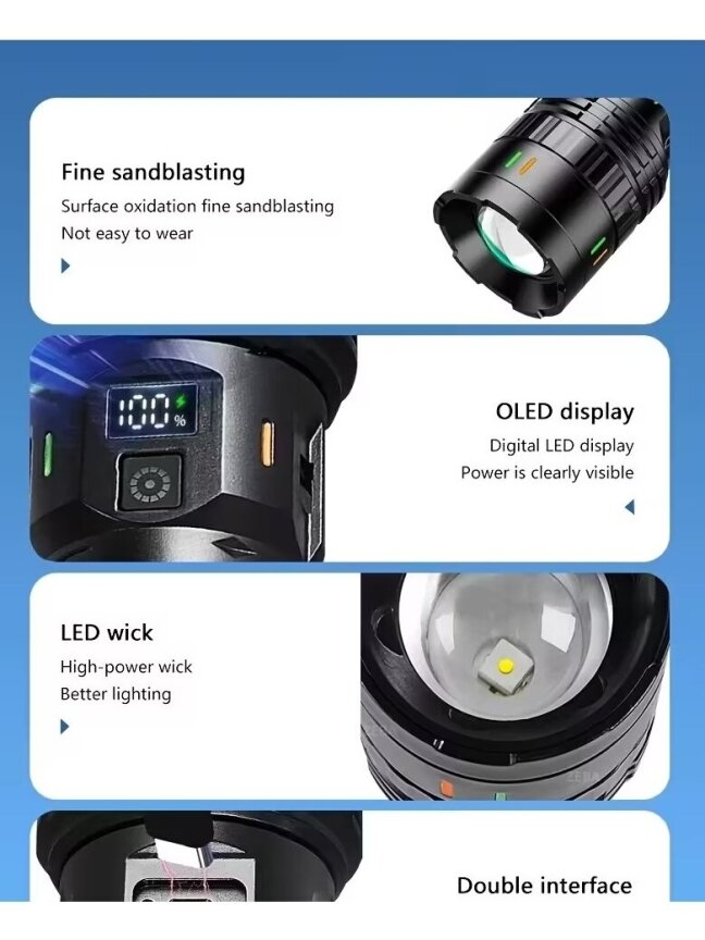 Ultra-bright LED telescopic flashlight with zoom focus function and digital display.