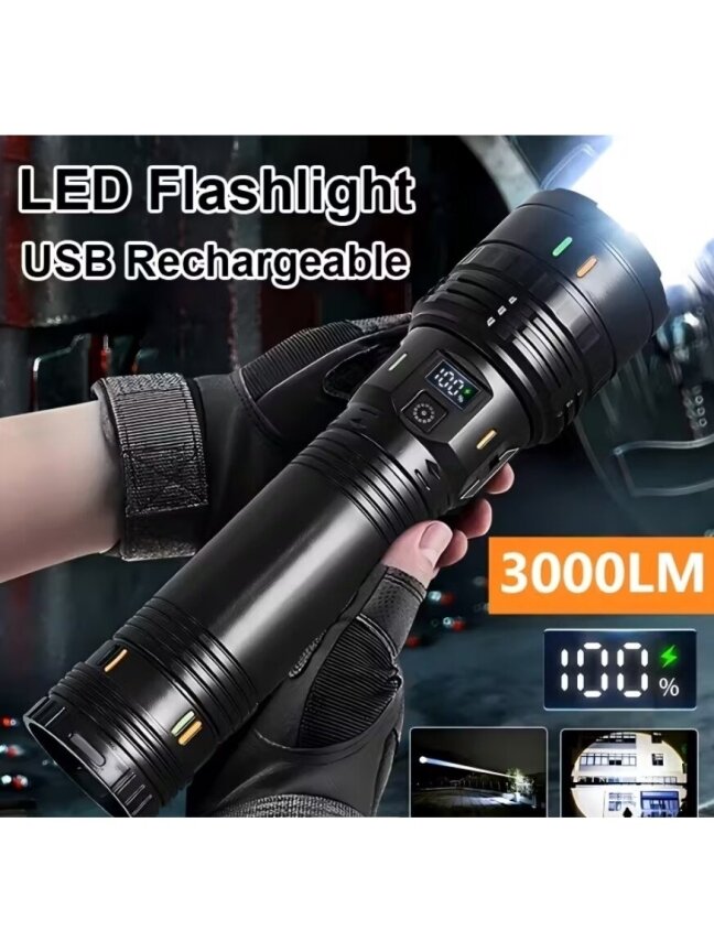 Ultra-bright LED telescopic flashlight with zoom focus function and digital display. 5