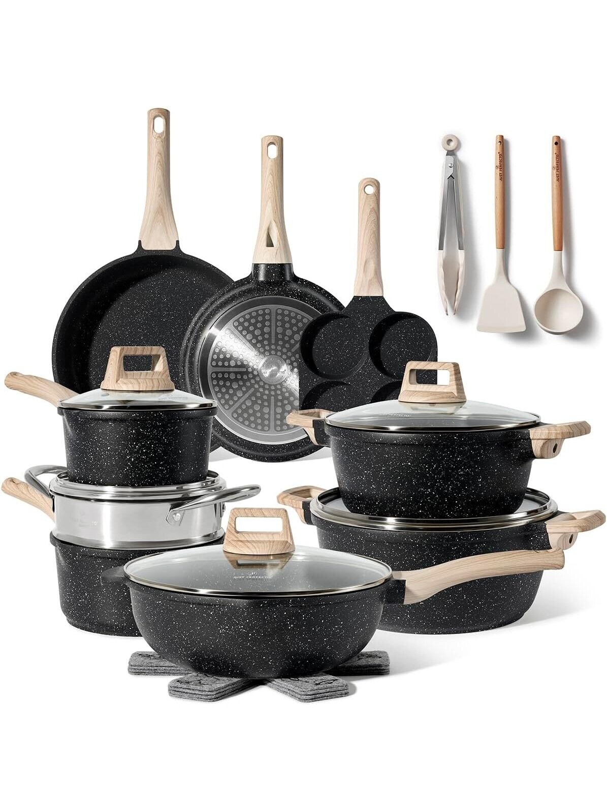 Just Perfecto MK-722, 21-Piece Granite Cookware Set - Black