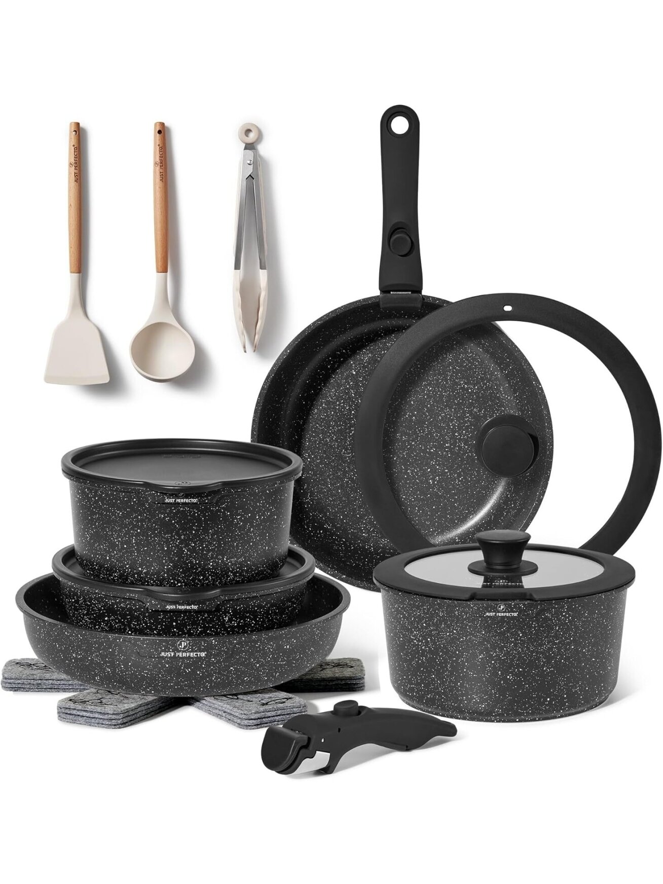 Just Perfecto MK-997: 18-osaline graniitkattega kööginõude komplekt eemaldatava käepidemega – must