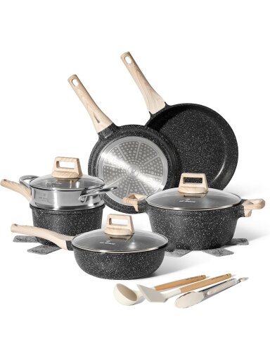 "Just Perfecto" MK-30, 14 dalių granitinės virtuvės indų rinkinys su garintuvu – juodas "Just Perfecto" MK-30, 14 dalių granitinės virtuvės indų rinkinys su garintuvu – juodas