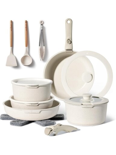 Just Perfecto MK-996: 18 Pieces Granite Cookware Set with Removable Handle - Biege