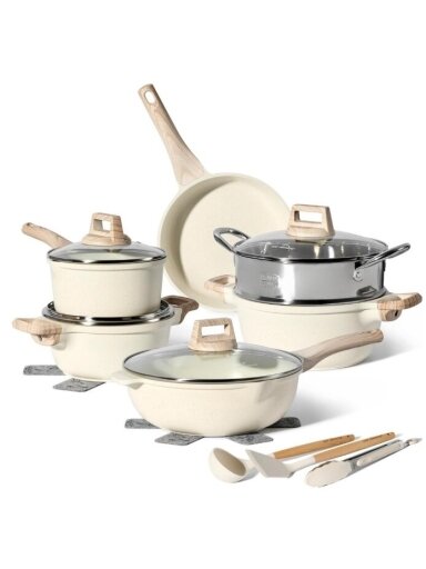 Just Perfecto MK-779: 15 dalių granitinių puodų ir keptuvių rinkinys su garintuvu – smėlio (beige) spalvos Just Perfecto MK-779: 15 dalių granitinių puodų ir keptuvių rinkinys su garintuvu – smėlio (beige) spalvos