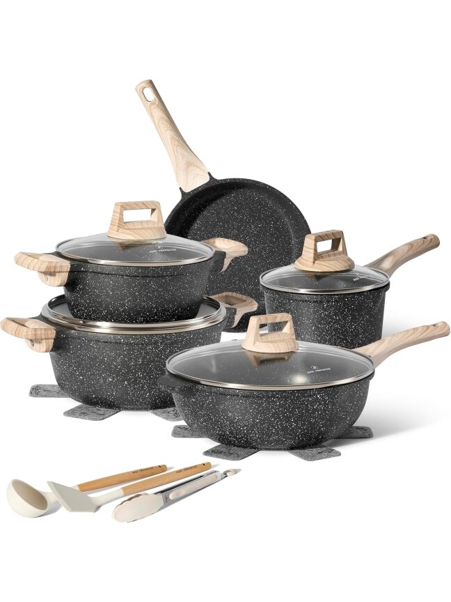 Just Perfecto MK‑778: 14‑Piece Granite Cookware Set – Black