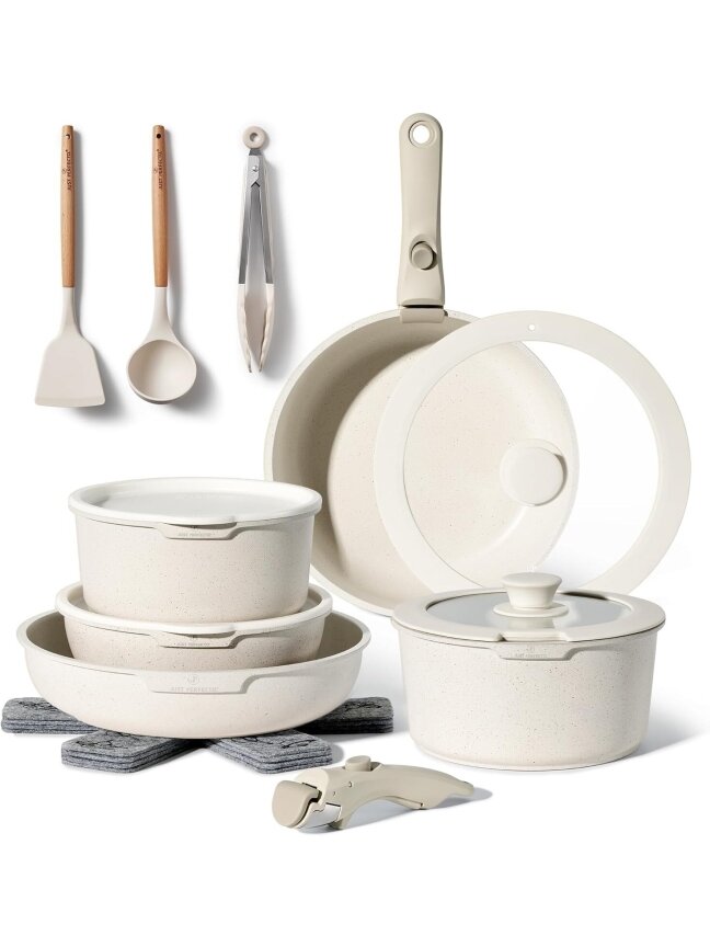 Just Perfecto MK-996: 18 Pieces Granite Cookware Set with Removable Handle - Biege