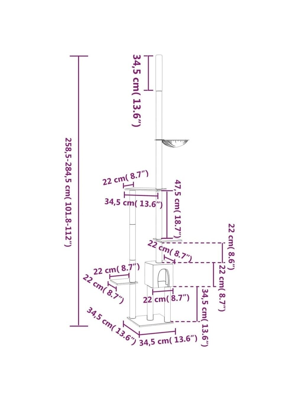 Kaķu skrāpējamais stabs līdz griestiem, krēmkrāsas, 258,5–284,5 cm 6