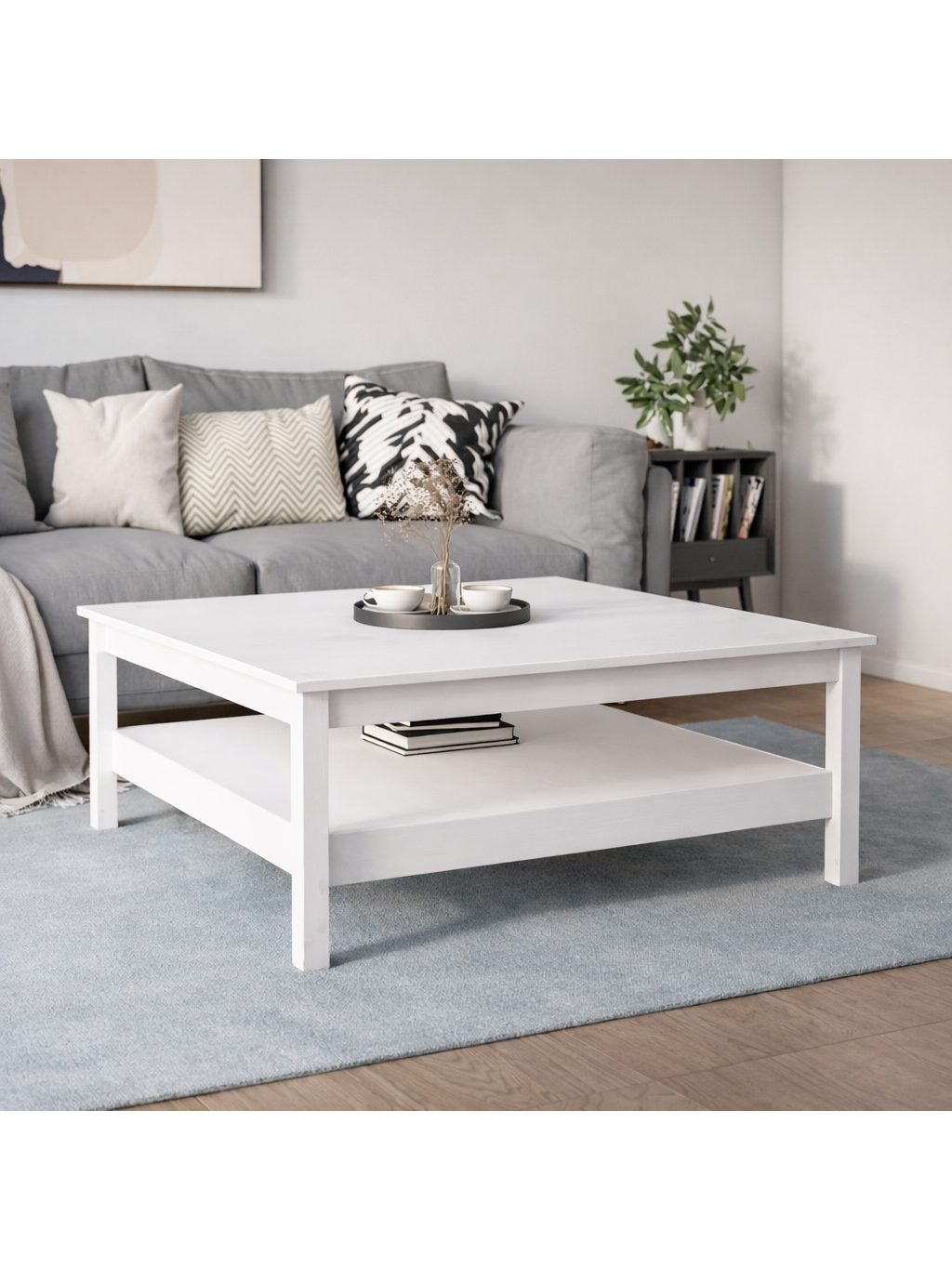 Coffee table, white, 100 × 100 × 40 cm, solid pine wood.