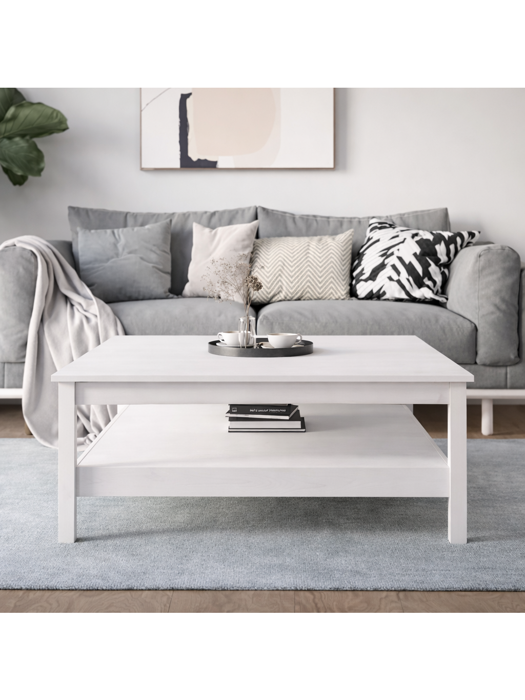 Coffee table, white, 100 × 100 × 40 cm, solid pine wood. 1