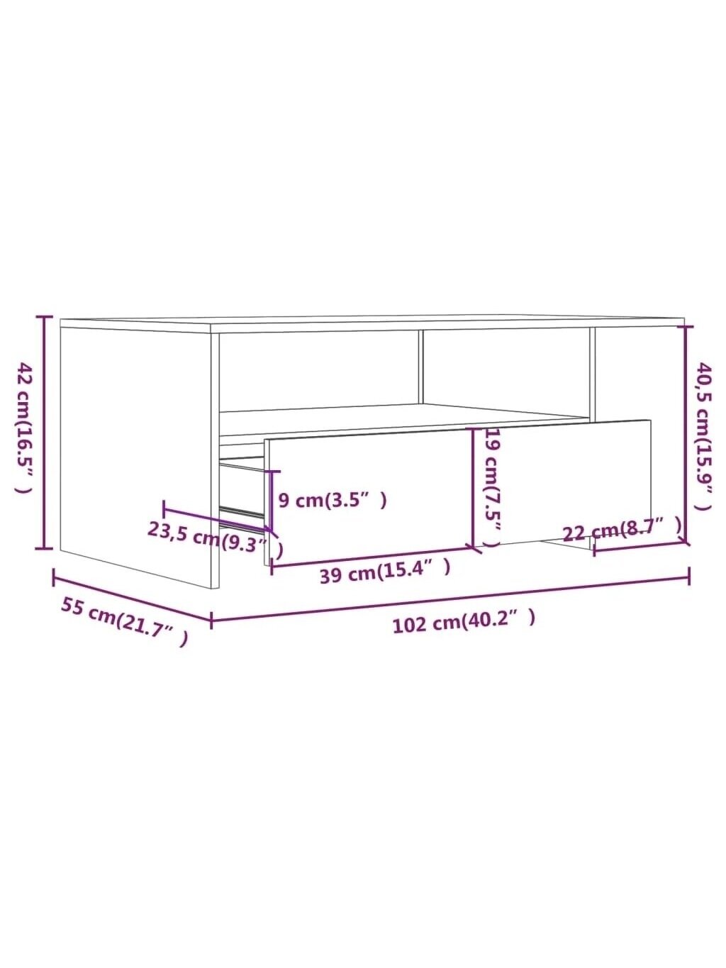 Coffee table, black color, 102 × 55 × 42 cm, engineered wood 7