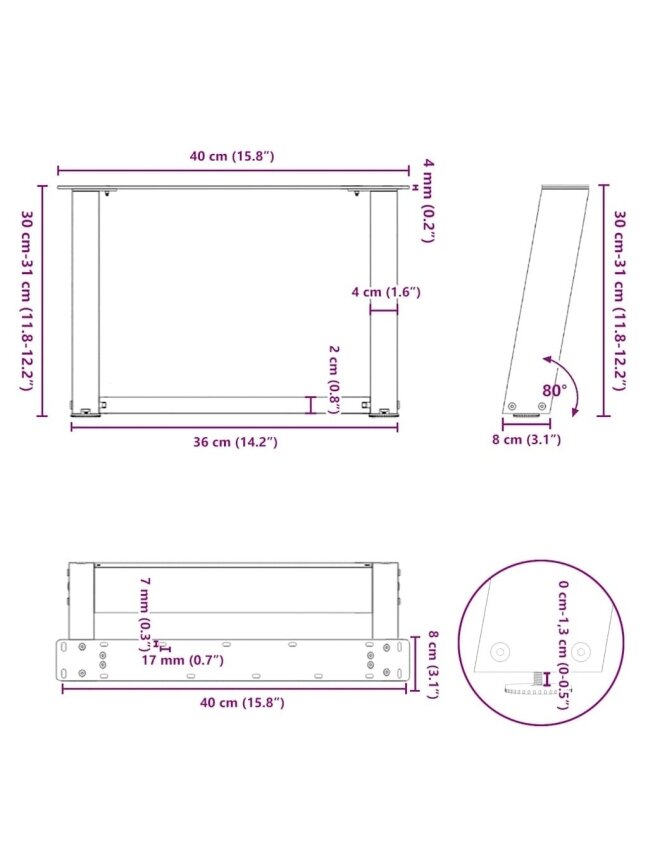 Coffee table legs, 2 pcs, black, 40 × (30–31) cm, steel, U-shaped 7