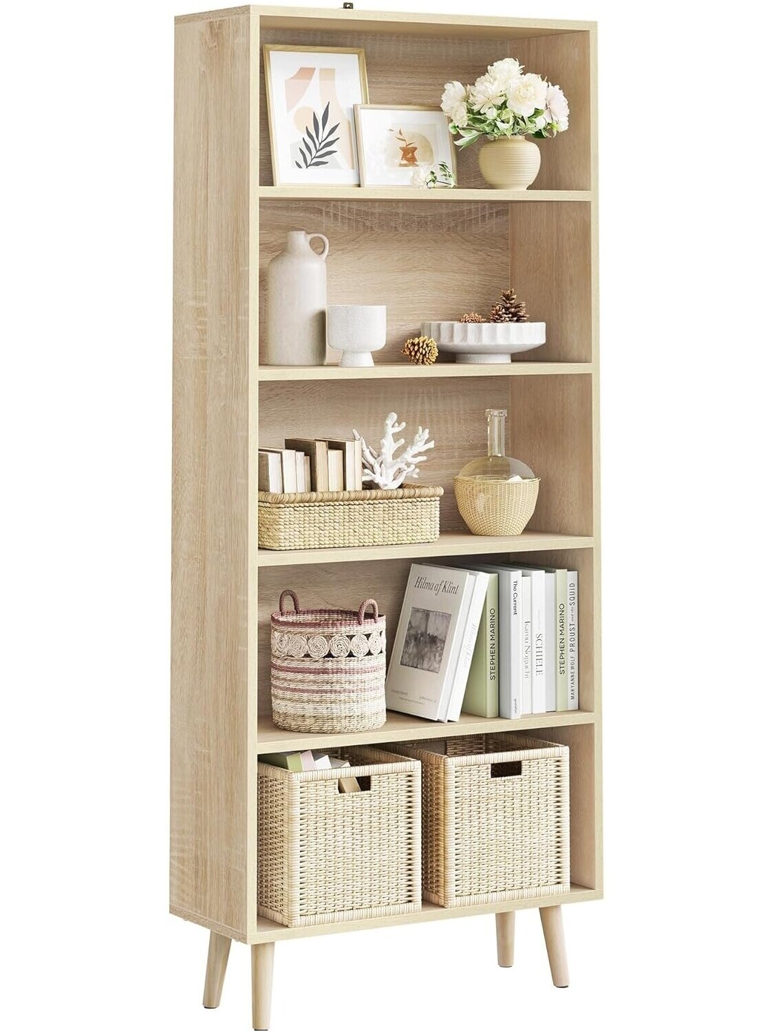 Bookshelf with 5 compartments, freestanding storage shelf for items and documents, 60 x 144 x 24 cm. Bookshelf with 5 compartments, freestanding storage shelf for items and documents, 60 x 144 x 24 cm.