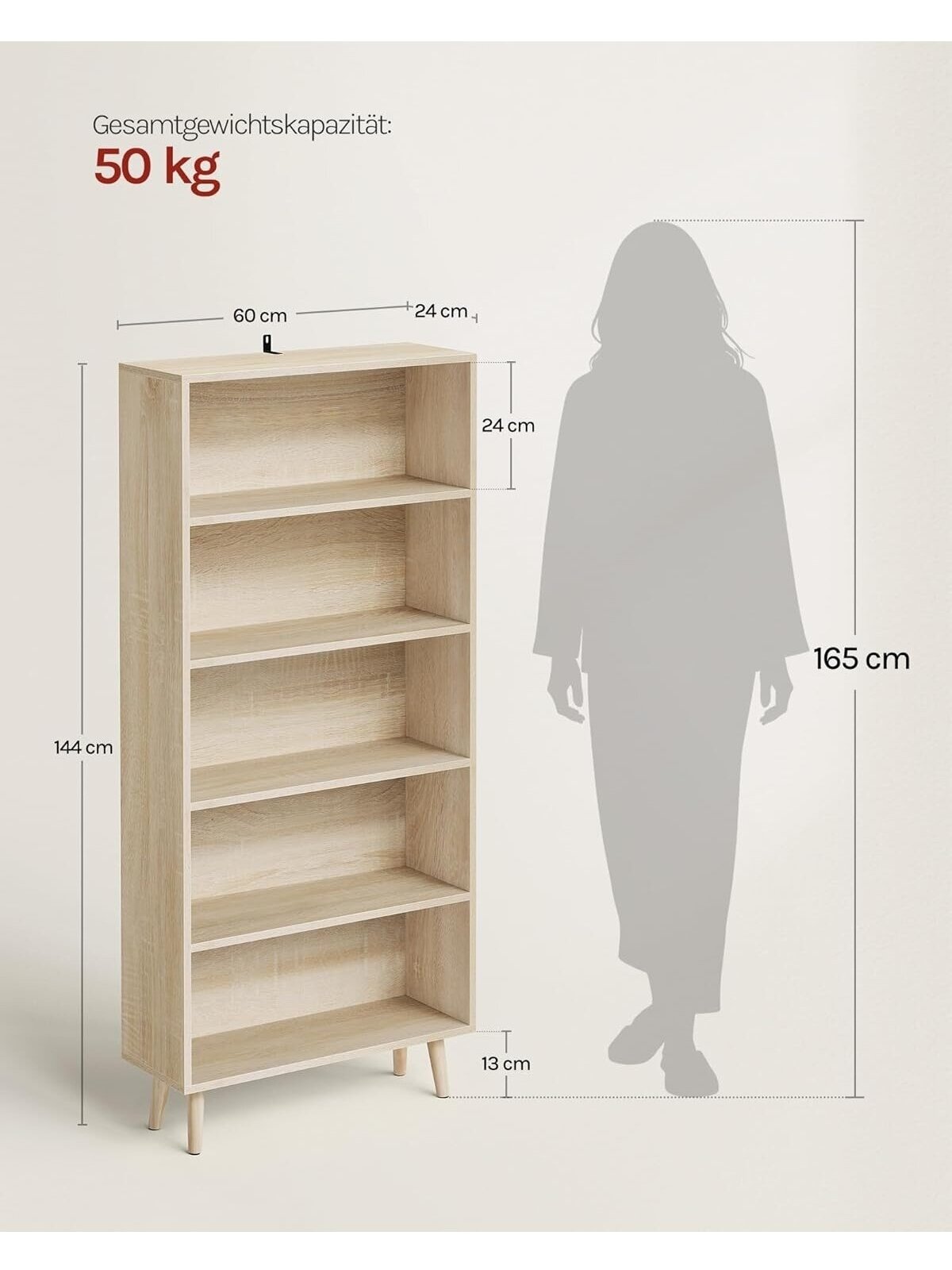 Bookshelf with 5 compartments, freestanding storage shelf for items and documents, 60 x 144 x 24 cm. 4