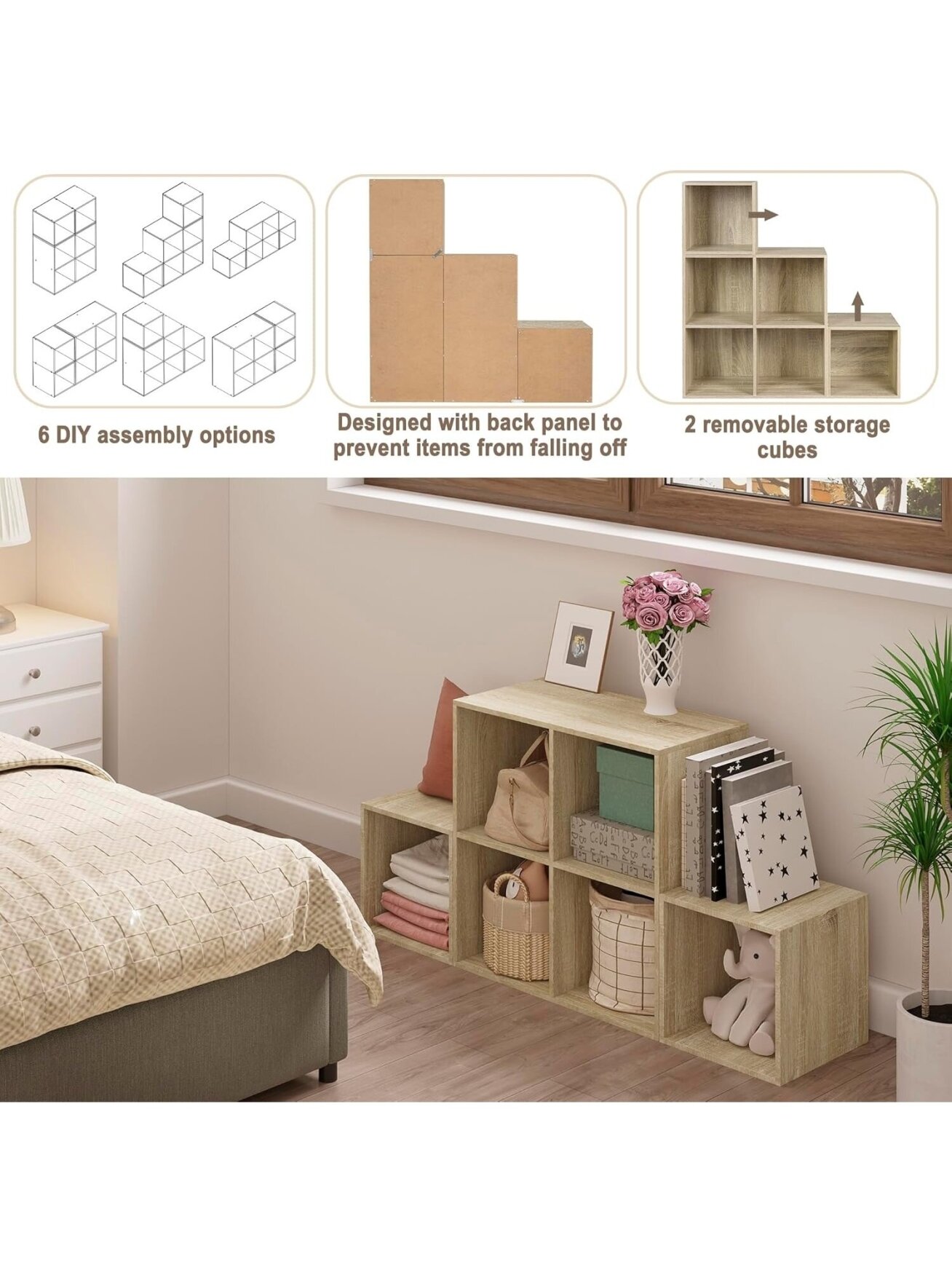 Books and toy storage shelf with 6 compartments, wooden cube storage unit, 90 × 90 × 30 cm, light oak color. 2