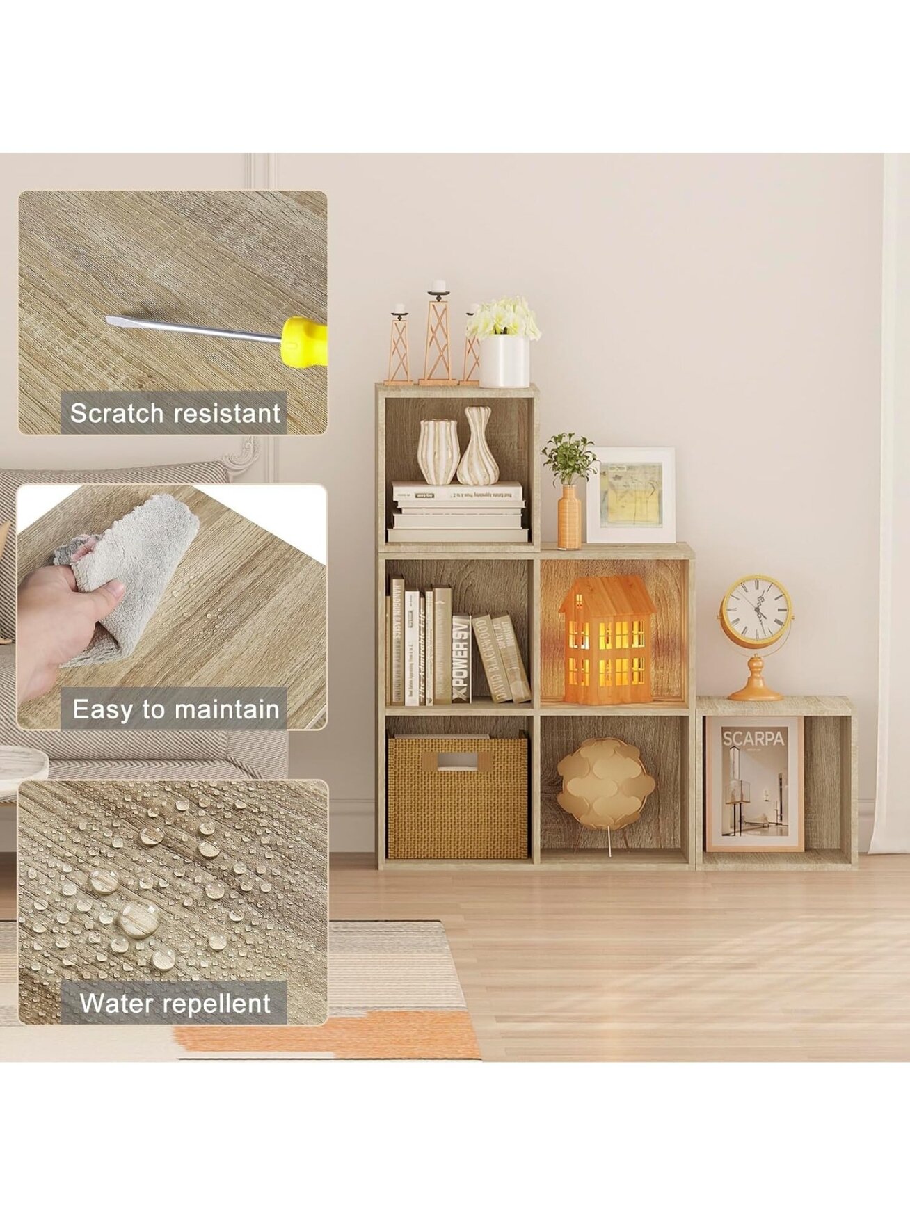Books and toy storage shelf with 6 compartments, wooden cube storage unit, 90 × 90 × 30 cm, light oak color. 4