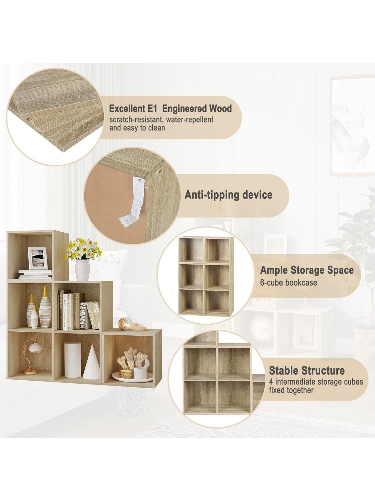 Books and toy storage shelf with 6 compartments, wooden cube storage unit, 90 × 90 × 30 cm, light oak color. 3