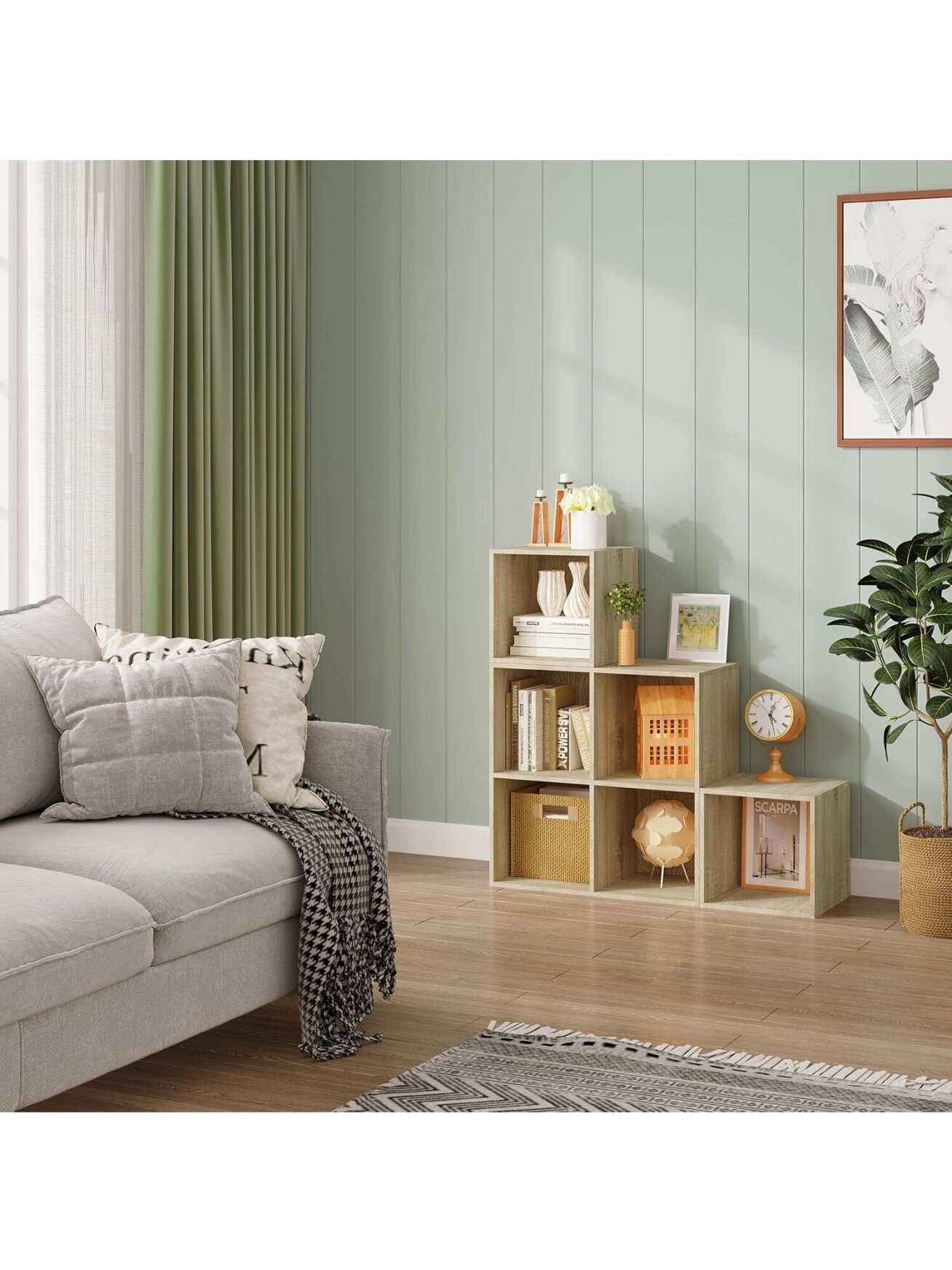 Books and toy storage shelf with 6 compartments, wooden cube storage unit, 90 × 90 × 30 cm, light oak color. 6