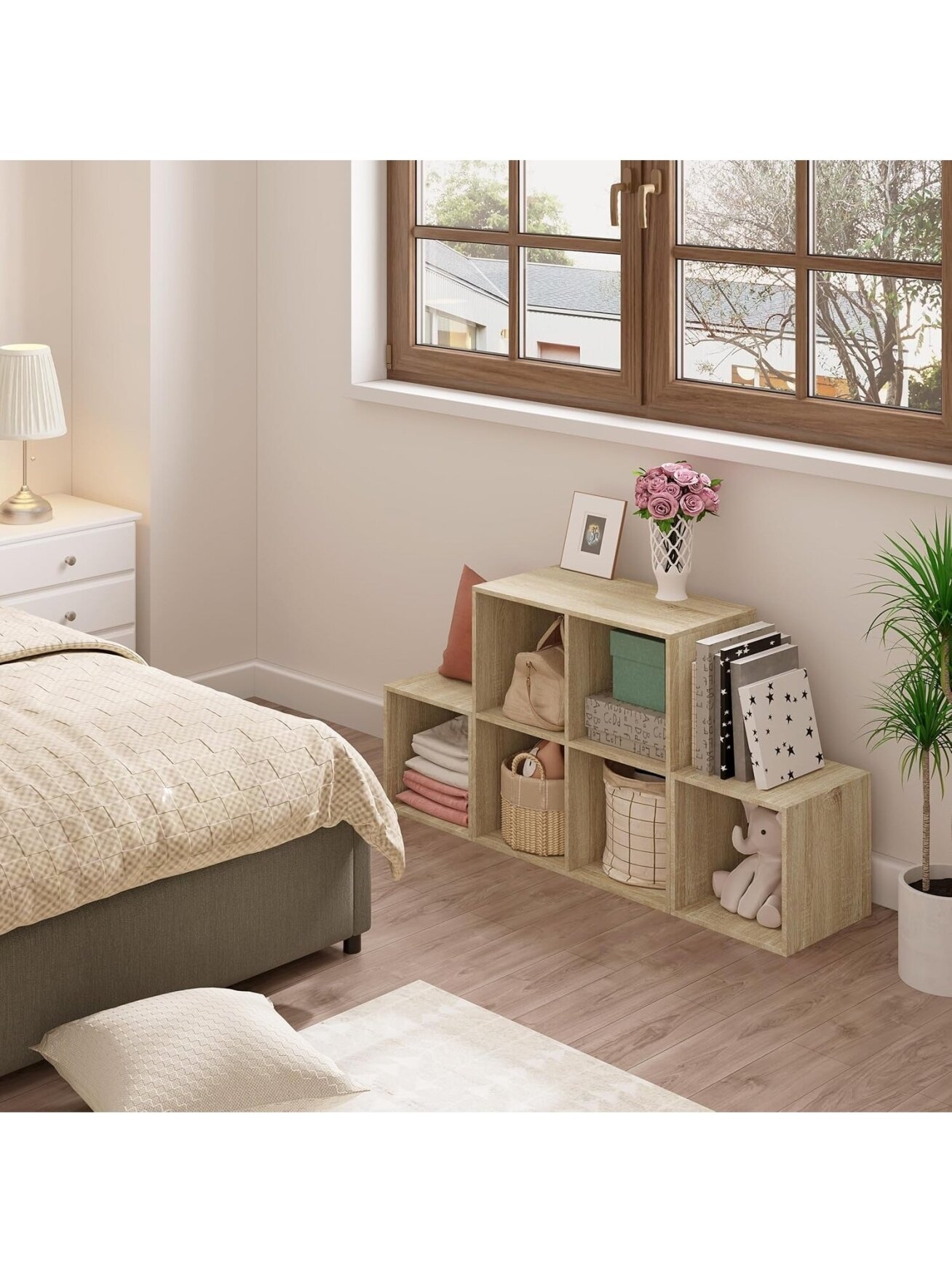 Books and toy storage shelf with 6 compartments, wooden cube storage unit, 90 × 90 × 30 cm, light oak color. 7