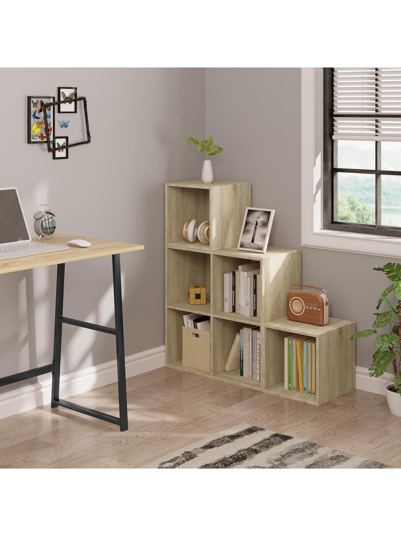 Books and toy storage shelf with 6 compartments, wooden cube storage unit, 90 × 90 × 30 cm, light oak color.