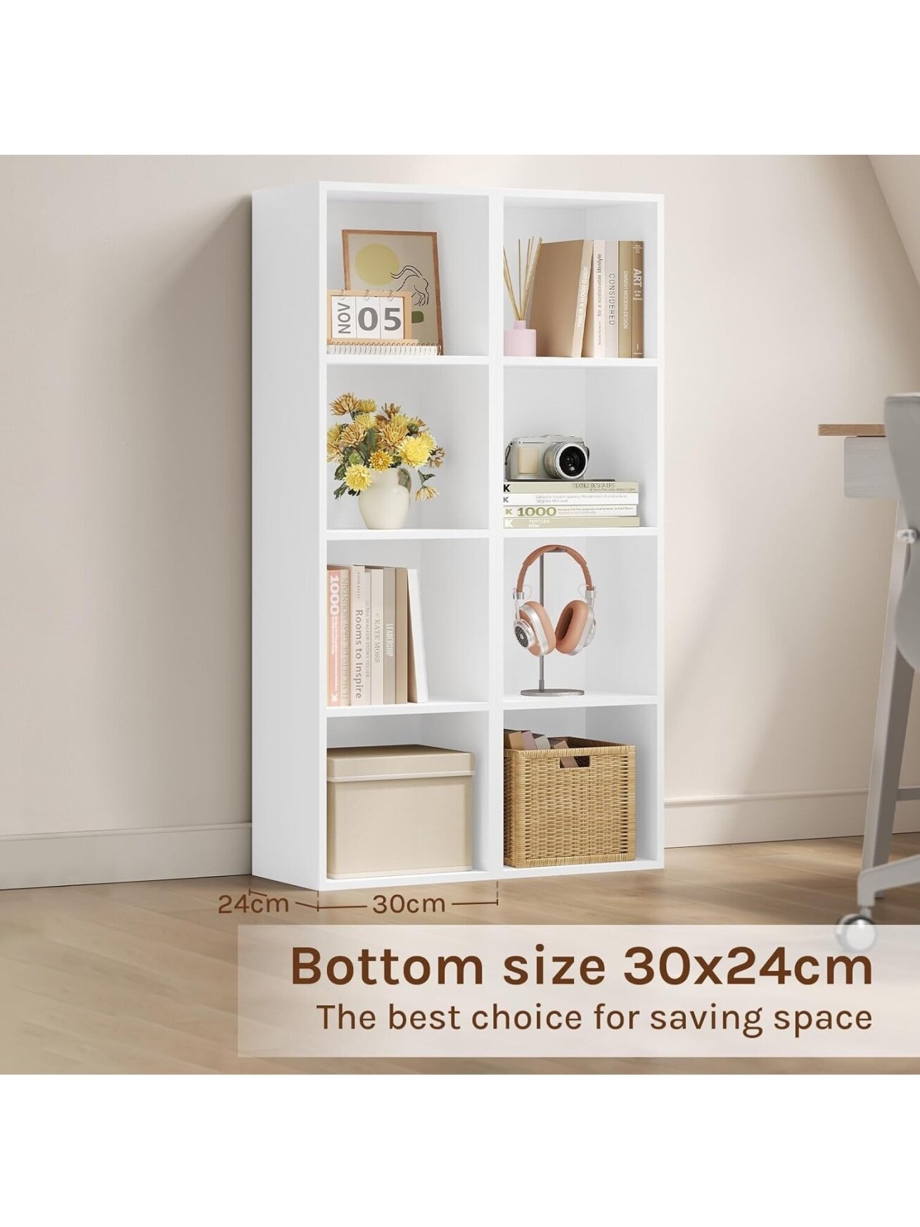 Bookshelf with 4 cube compartments, white. 4
