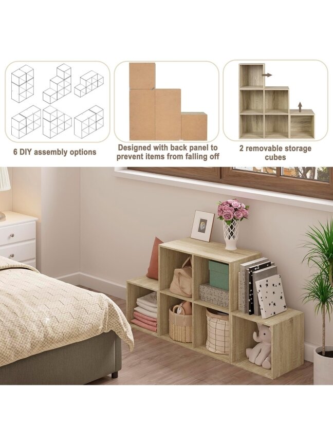 Books and toy storage shelf with 6 compartments, wooden cube storage unit, 90 × 90 × 30 cm, light oak color. 2
