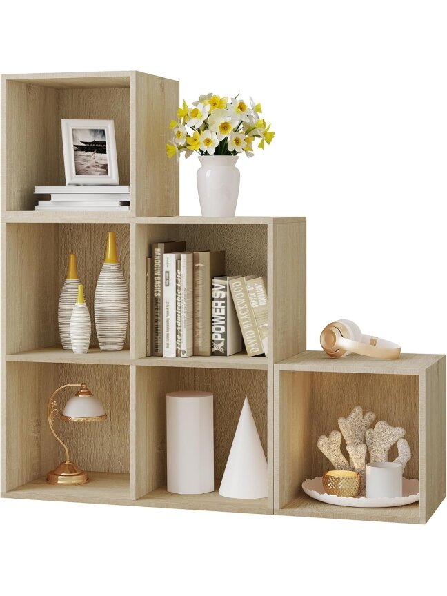 Books and toy storage shelf with 6 compartments, wooden cube storage unit, 90 × 90 × 30 cm, light oak color. 1