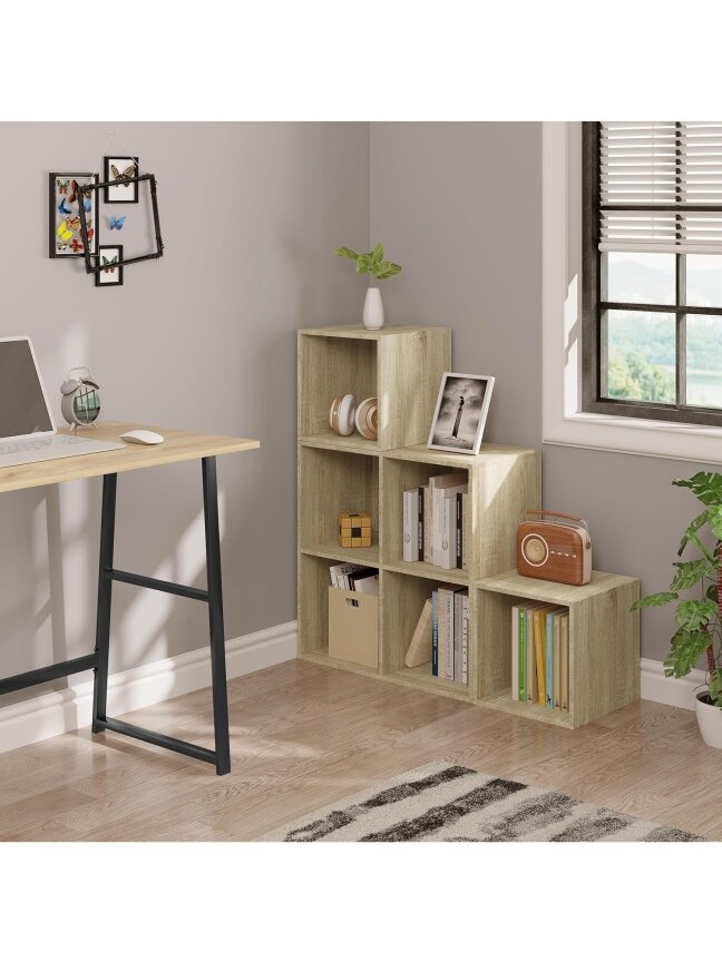 Books and toy storage shelf with 6 compartments, wooden cube storage unit, 90 × 90 × 30 cm, light oak color.
