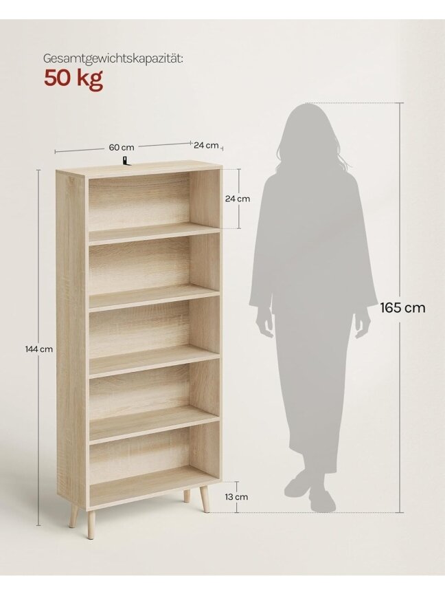 Bookshelf with 5 compartments, freestanding storage shelf for items and documents, 60 x 144 x 24 cm. 4