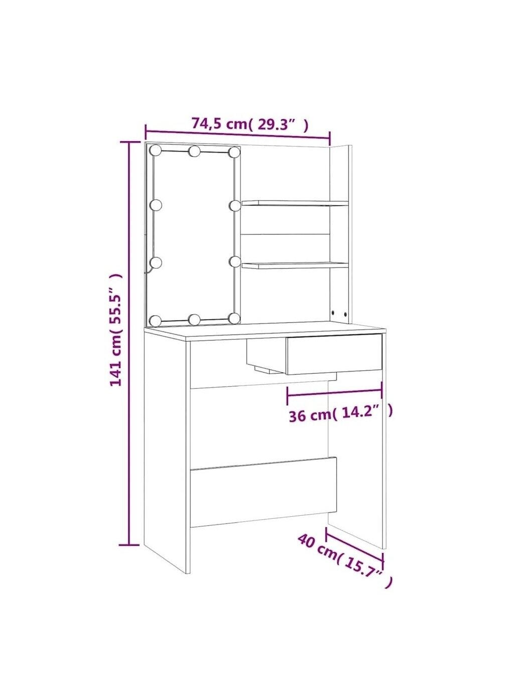Vanity table WITHOUT LED lighting, white, 74.5x40x141 cm 7 Vanity table WITHOUT LED lighting, white, 74.5x40x141 cm 7