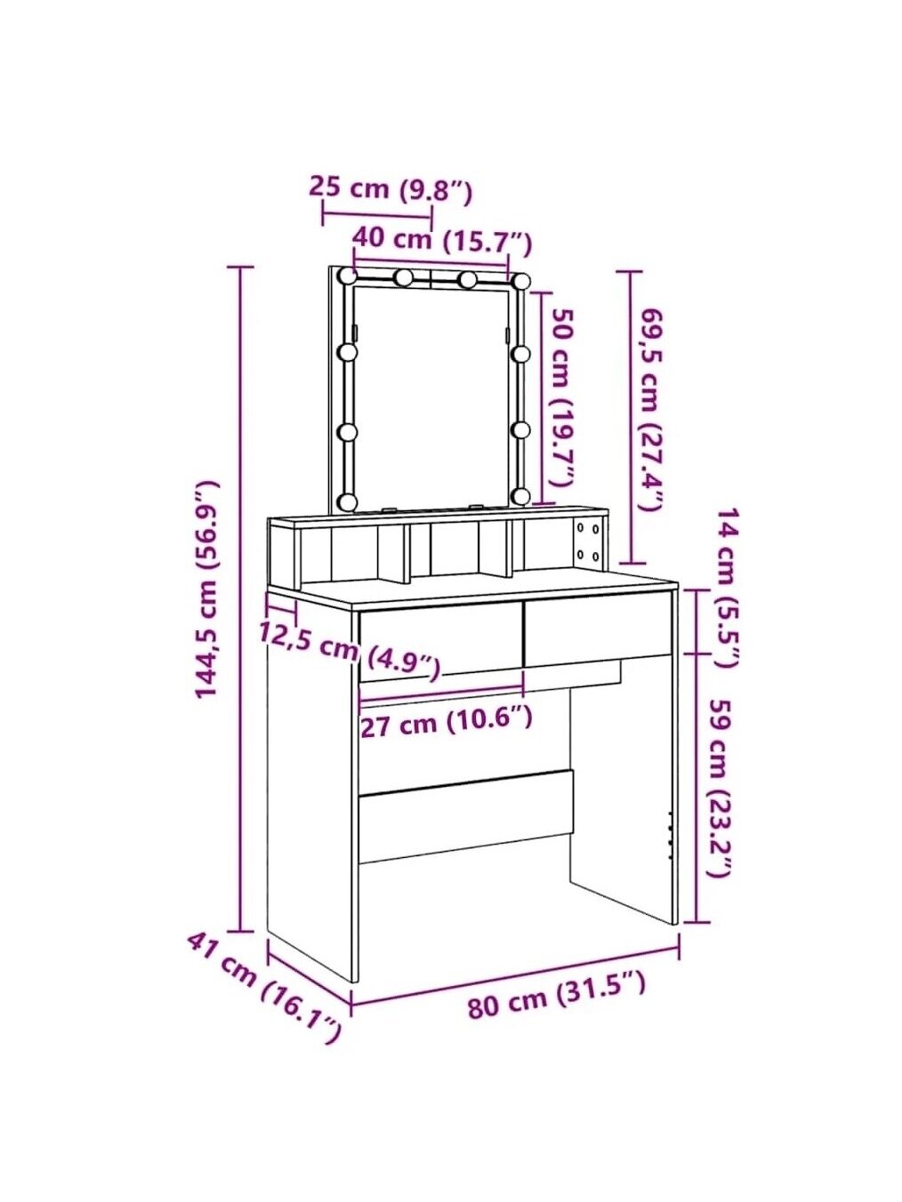 Vanity table with LED, white, 80 × 41 × 144.5 cm 14 Vanity table with LED, white, 80 × 41 × 144.5 cm 14