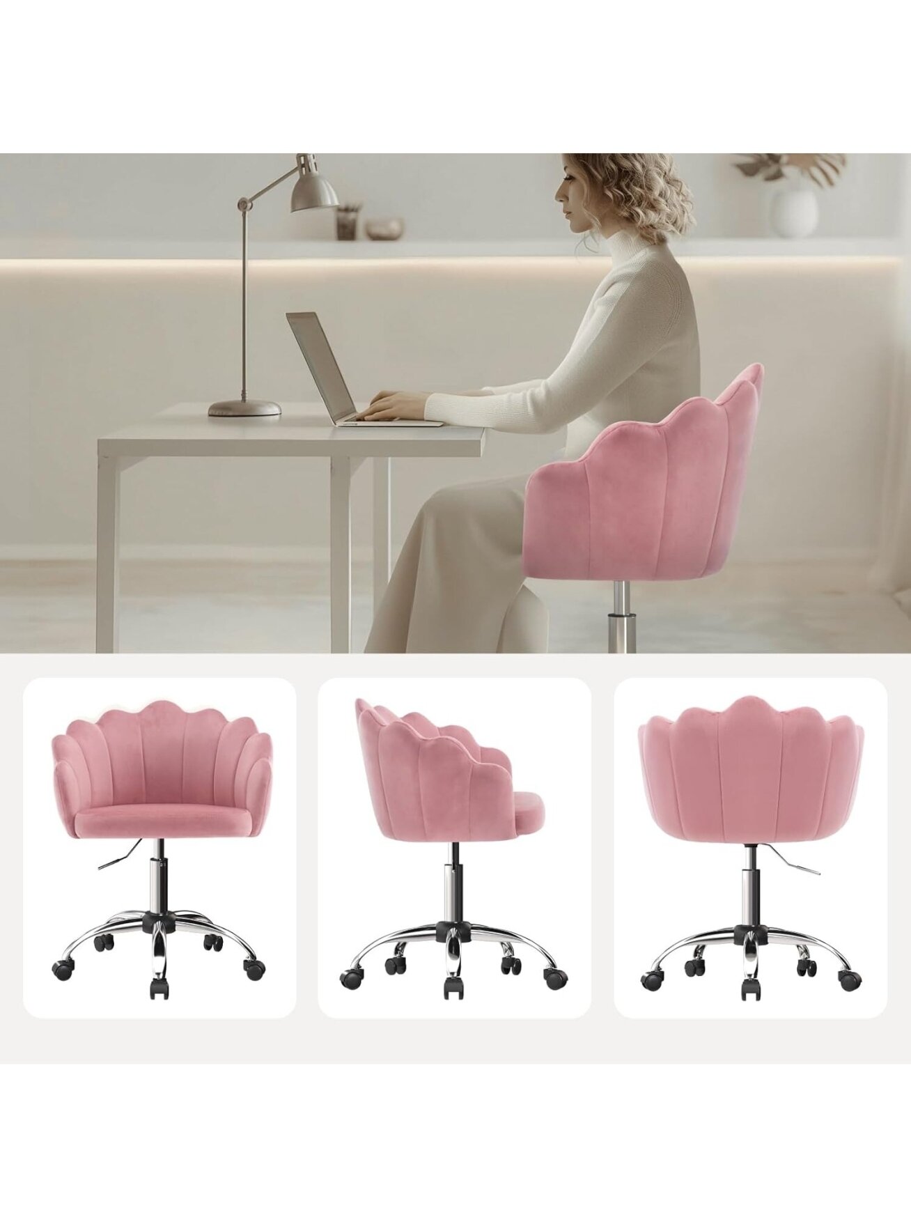 Cosmetic Chair, Ergonomic Velvet Chair with Petal-Shaped Backrest, Swivel Chair with Casters, Height Adjustable, Metal Frame 1