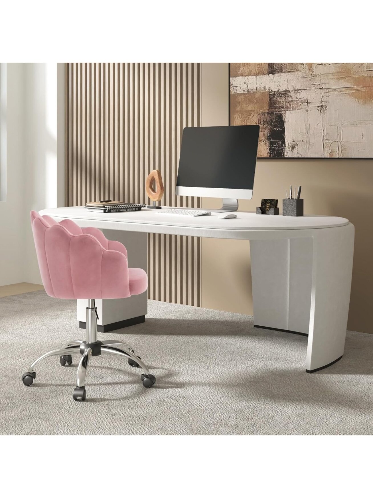 Cosmetic Chair, Ergonomic Velvet Chair with Petal-Shaped Backrest, Swivel Chair with Casters, Height Adjustable, Metal Frame 2 Cosmetic Chair, Ergonomic Velvet Chair with Petal-Shaped Backrest, Swivel Chair with Casters, Height Adjustable, Metal Frame 2