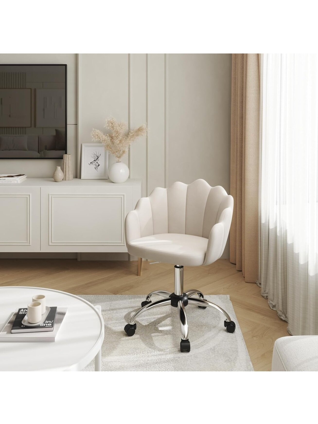 Cosmetic Chair, Ergonomic Velvet Chair with Petal-Shaped Backrest, Swivel Chair with Casters, Height Adjustable, Metal Frame 5