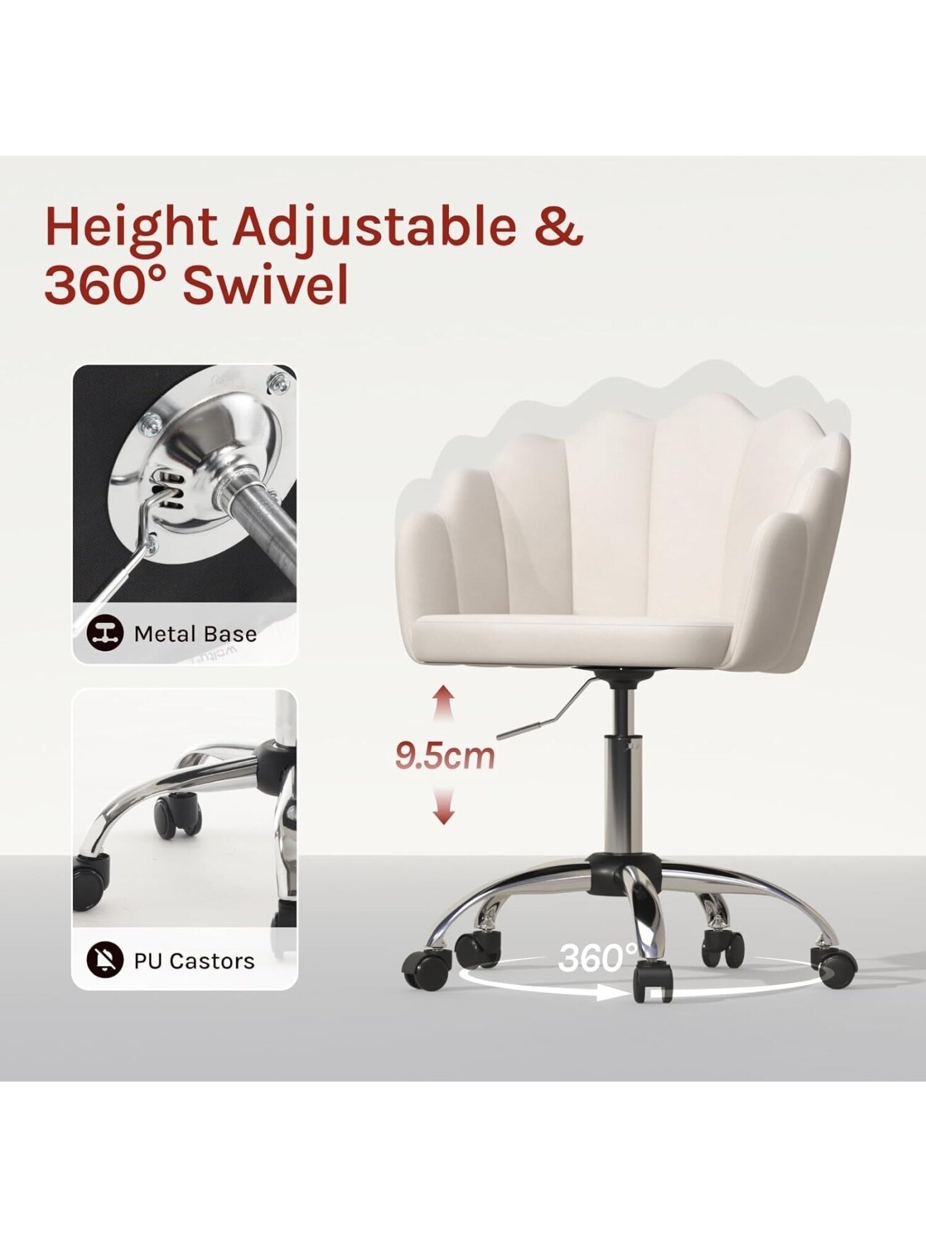 Cosmetic Chair, Ergonomic Velvet Chair with Petal-Shaped Backrest, Swivel Chair with Casters, Height Adjustable, Metal Frame