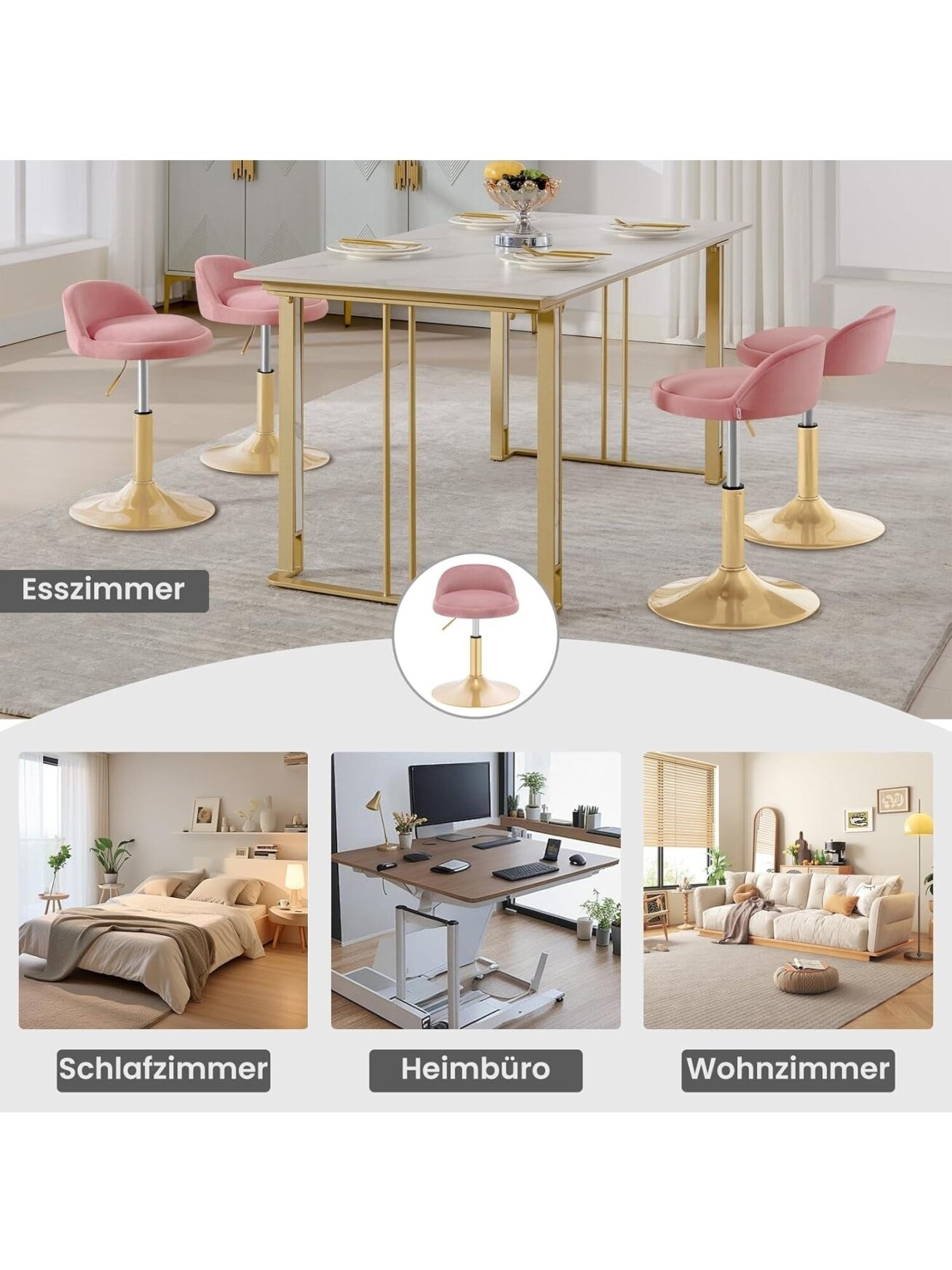 Kosmētikas krēsls ar regulējamu augstumu (42,5–58 cm), 360° grozāms, samta apdare, rozā. 3