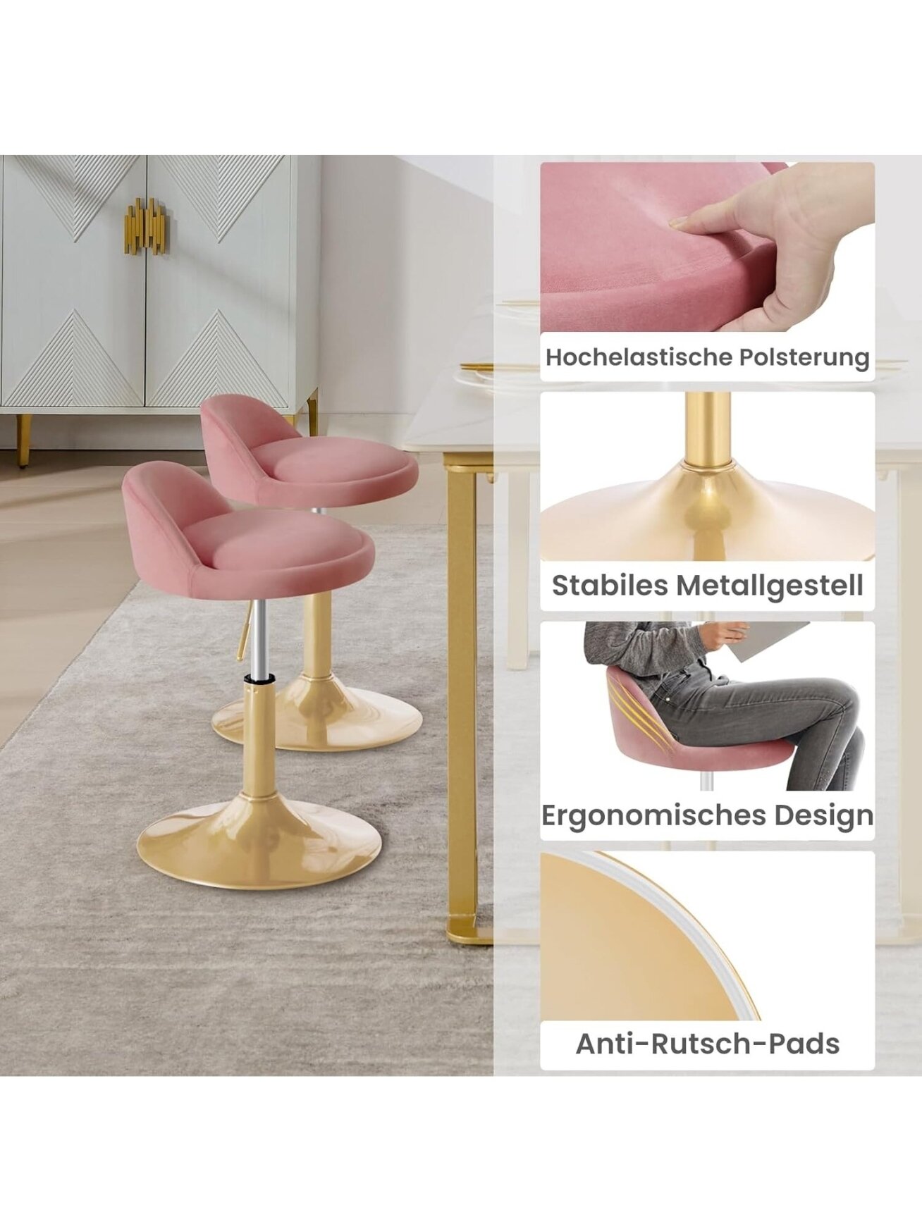 Kosmētikas krēsls ar regulējamu augstumu (42,5–58 cm), 360° grozāms, samta apdare, rozā. 4