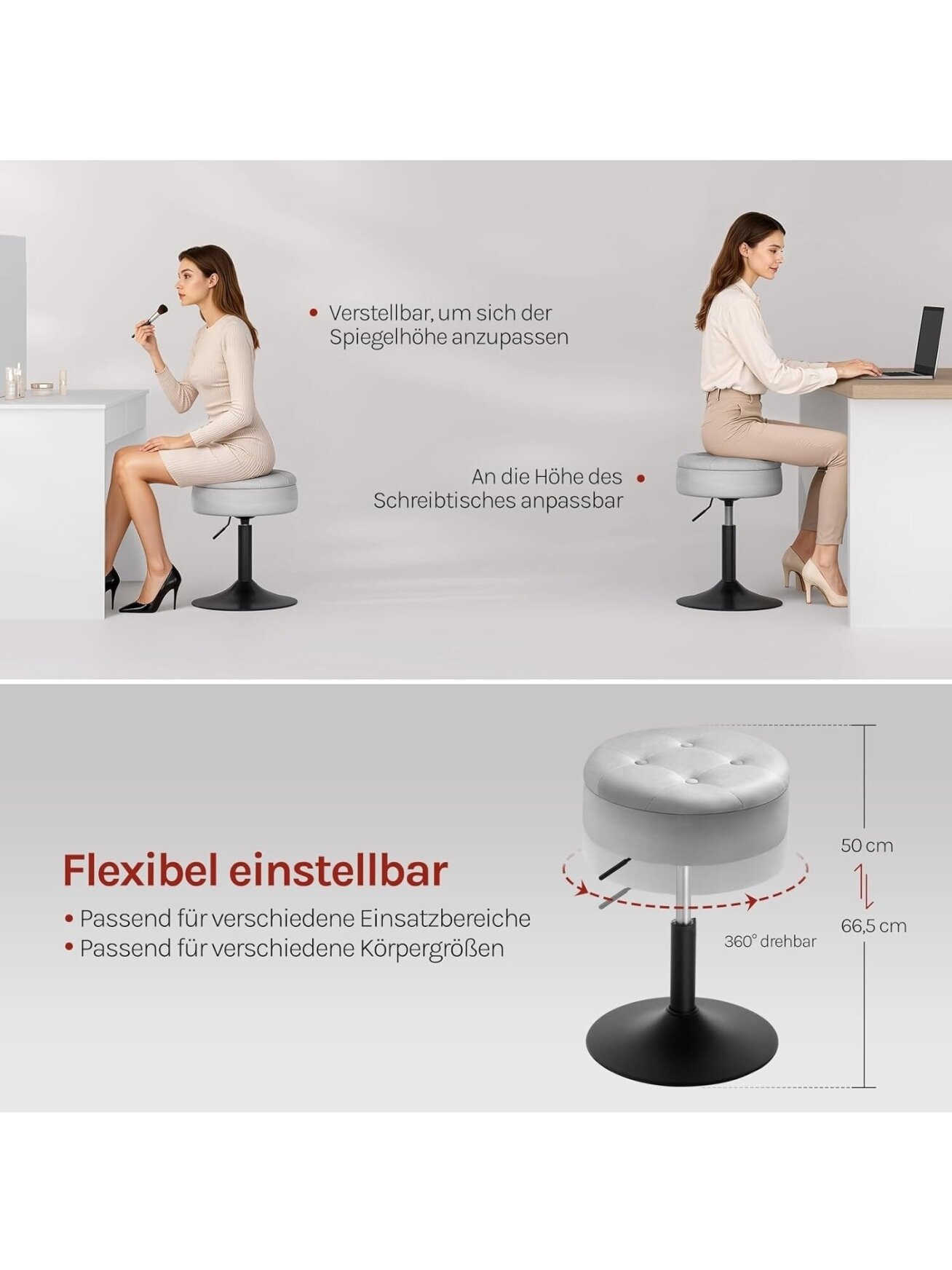 Dressing Table Stool with Storage, Velvet Upholstery, Height Adjustable (50–66.5 cm), 360° Swivel. 2