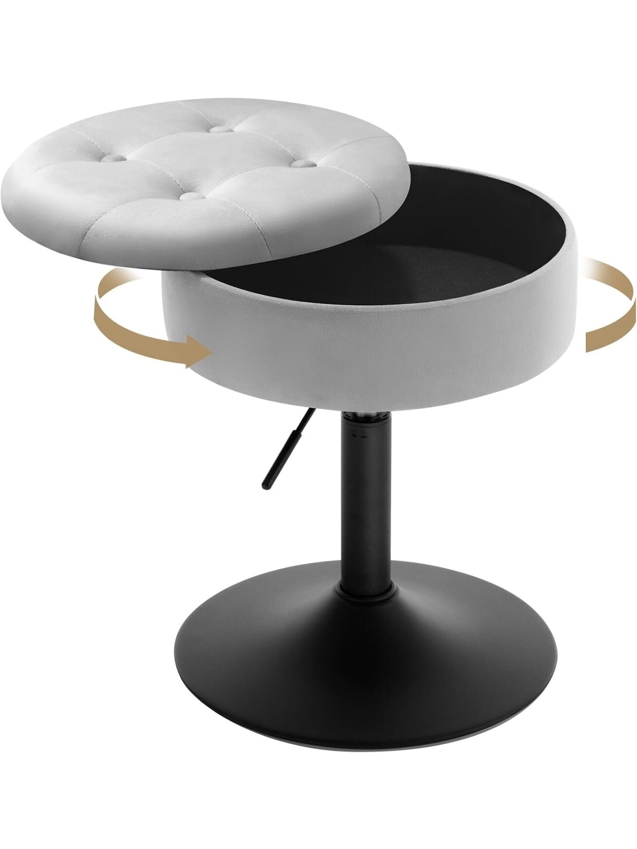 Dressing Table Stool with Storage, Velvet Upholstery, Height Adjustable (50–66.5 cm), 360° Swivel.