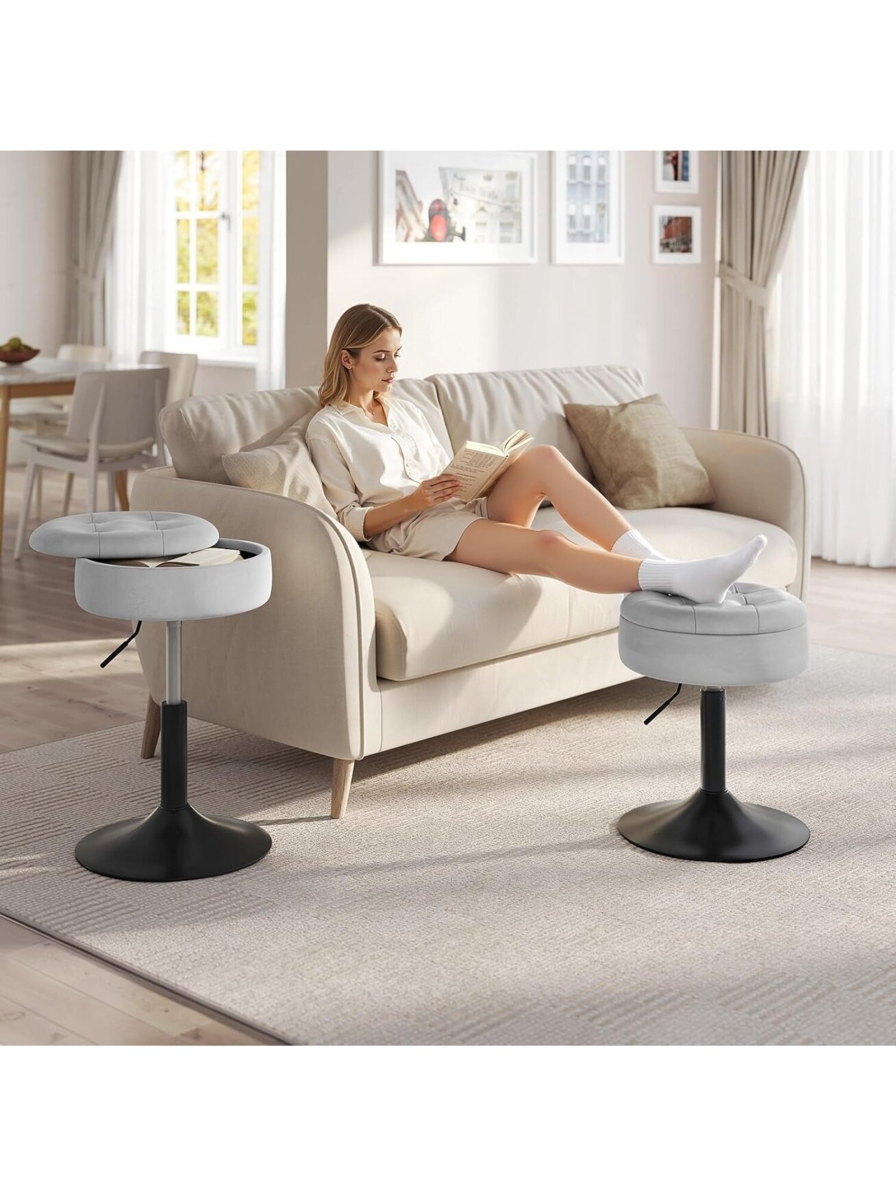 Dressing Table Stool with Storage, Velvet Upholstery, Height Adjustable (50–66.5 cm), 360° Swivel. 3
