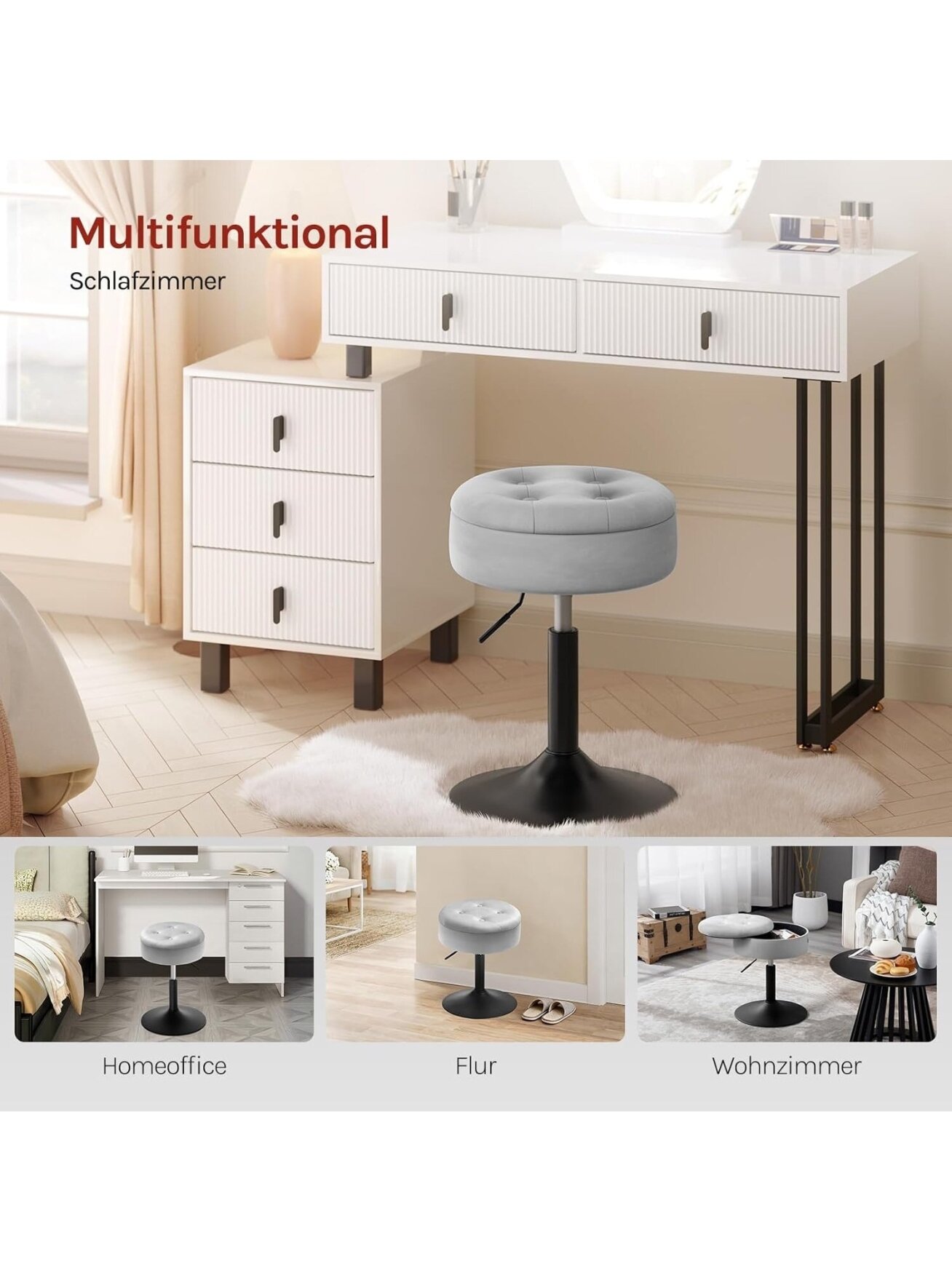Dressing Table Stool with Storage, Velvet Upholstery, Height Adjustable (50–66.5 cm), 360° Swivel. 4