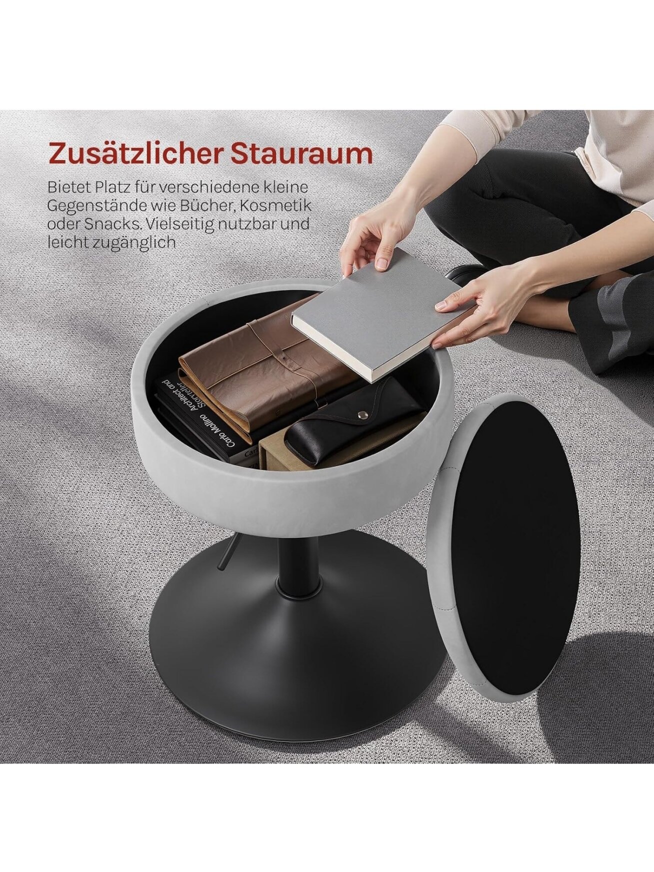 Dressing Table Stool with Storage, Velvet Upholstery, Height Adjustable (50–66.5 cm), 360° Swivel. 5